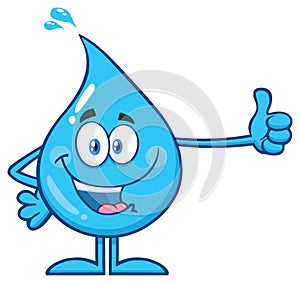 Happy Blue Water Drop Cartoon Mascot Character Showing Thumbs Up