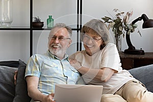 Happy bonding dreamy older couple using laptop.