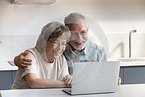 Happy bonding mature couple using computer at home.