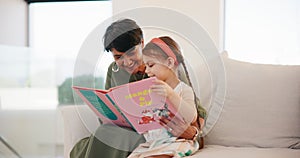 Happy, book and grandmother reading with child on a sofa in the living room of family home. Smile, love and senior woman