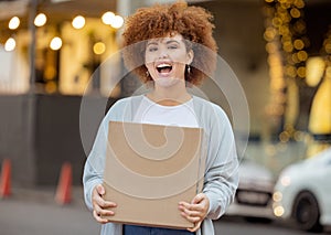 Happy, box and delivery with portrait of black woman in city for ecommerce, logistics and supply chain. Gift, online