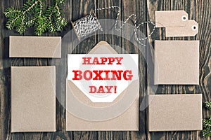 Happy Boxing Day Gift boxes wooden background