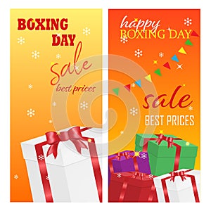 Happy boxing day sale. Vector illustration. Flyer, coupon, banner. Colorful bright design on a yellow-orange background.