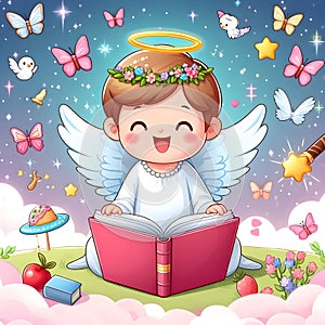 Happy boy angel reading book with butterflies and magical things