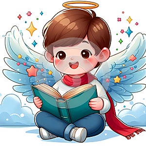 Happy boy angel reading book in cloud background