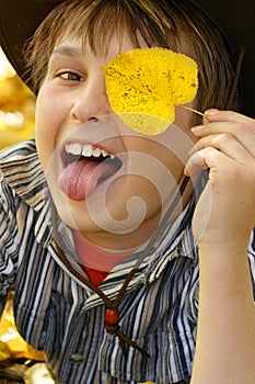 Happy boy in the autumn fall