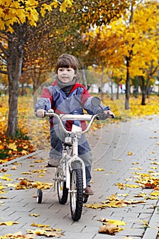 Happy boy in autumn park rides