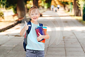 Happy boy with backpack going to school. Child of primary school. Pupil go study with backpack and books
