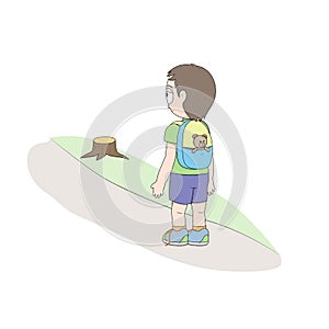 Happy boy with backpack hiking through forest in nature, flat vector illustration isolated on white background.