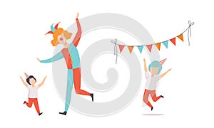 Happy Boy in Birthday Hat Dancing with Clown Celebrating Holiday Vector Set