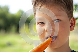 Happy boy biting the carrot, A child with a vegetable. Kid eating fresh carrots