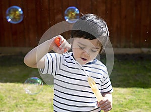 Happy boy blowing soap bubbles in the garden,Cute 4 years old kid blowing bubble wand with a funny face,Cute kid playing in the ga