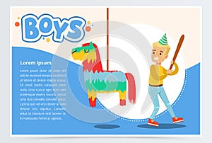 Happy boy breaking Pinata with a baseball bat, cute kid celebrating his birthday, boys banner flat vector element for