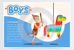 Happy boy breaking Pinata with a baseball bat at his a birthday party, boys banner flat vector element for website or