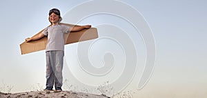 Happy boy with cardboard boxes of wings against sky dream of fly