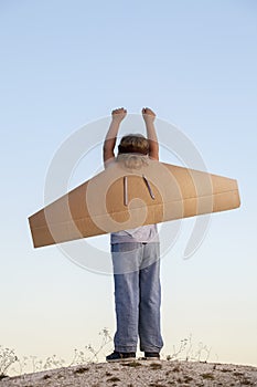 Happy boy with cardboard boxes of wings against sky dream of fly