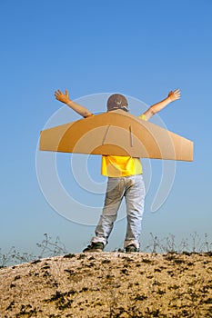 Happy boy with cardboard boxes of wings against sky dream of fly