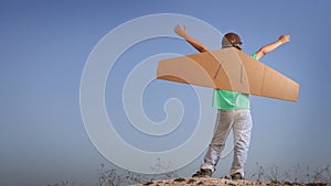 Happy boy with cardboard boxes of wings against sky dream of flying