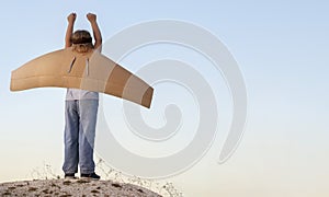 Happy boy with cardboard boxes of wings against sky dream of flying