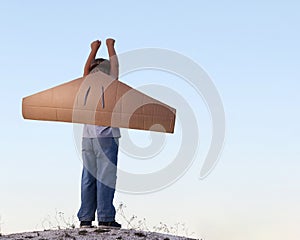 Happy boy with cardboard boxes of wings against sky dream of flying