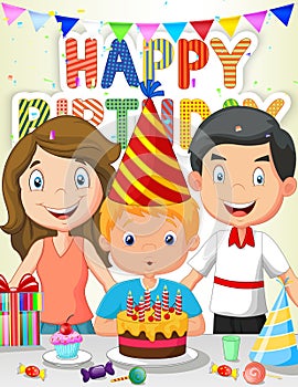 Happy boy cartoon blowing birthday candles with his family