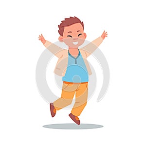 Happy boy. Cartoon child smiling and laughing. Isolated cheerful teenager jumping. School kids friendship. Joyful persons pose and