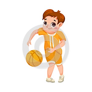 Happy Boy Character Play Basketball Do Sport and Physical Body Training Vector Illustration