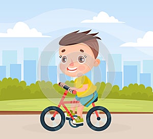 Happy Boy Character Ride Bicycle Outdoor Do Sport Vector Illustration