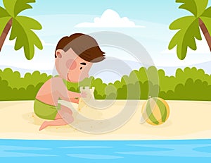Happy Boy Character at Sea Build Sand Castle Enjoy Beach Vacation Vector Illustration