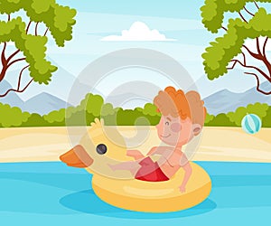 Happy Boy Character at Sea Swim in Rubber Ring Enjoy Beach Vacation Vector Illustration