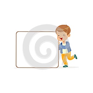 Happy boy character with white empty message board, kid standing with placard vector Illustration