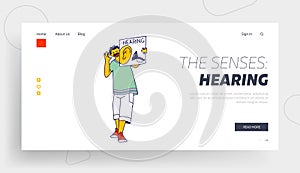 Happy Boy Child Character Holding Card with Ear Landing Page Template. Hearing One of Five Human Perceptions. Kids Game