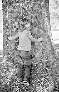 Happy boy child climb tree summer outdoors, boyhood