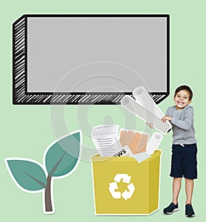 Happy boy collecting paper for recycling