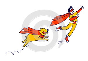 Happy Boy and Dog Superhero Characters Flying. Kid Super Hero in Red Cloak and Glasses Ready to Win