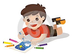 Happy Boy draw pictures pencils and paints on floor.Isolated vector