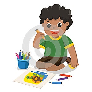 Happy Boy draw pictures pencils and paints on floor.Isolated vector