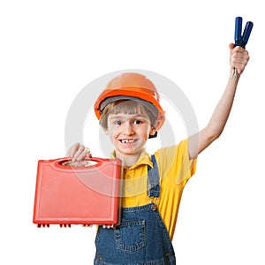 Happy boy dressed as construction worker with tools kit