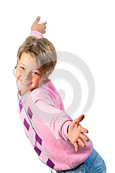Happy boy with earphones isolated on white