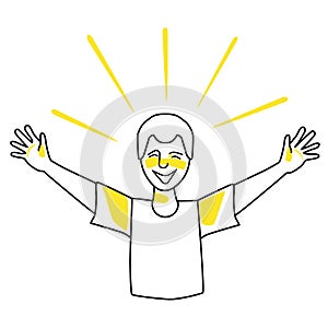 Happy boy, emotion of happiness. Joyful adolescent half body vector drawing, good spirit of female child, hands to the sides. Line