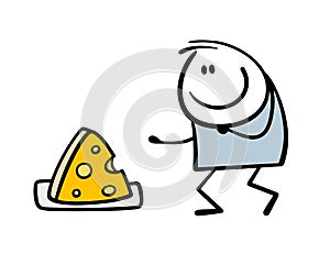 Happy boy found a piece of free cheese. Vector illustration of the mousetrap concept. Stickman and picnic. Isolated