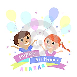 Happy boy and girl with balloons, birthday greetings, cartoon design