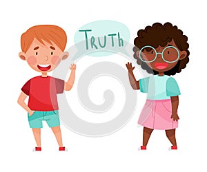 Happy Boy and Girl Characters Telling Truth Vector Illustration