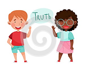 Happy Boy and Girl Characters Telling Truth Vector Illustration photo