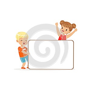 Happy boy and girl characters with white empty message board, kids standing with placard vector Illustration