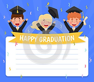 Happy Boy and Girl in Graduation Gown and Cap at Ceremony Vector Template
