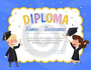 Happy Boy and Girl in Graduation Gown and Cap at Certificate Design Vector Template
