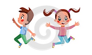 Happy boy and girl jumping. Funny kids having fun together cartoon vector illustration