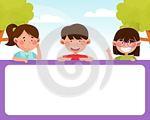 Happy Boy and Girl Kid at Empty Banner Design Vector Template