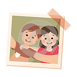 Happy Boy and Girl on Photo Card or Snapshot Sticking on the Wall Vector Illustration